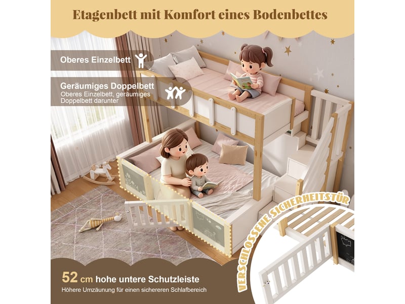 Lit superposé 90 x 200 cm, lit enfant à deux couchages, échelle, barrières de sécurité, sommier à lattes inclus, bois, naturel Morn Vibe - Conforama E