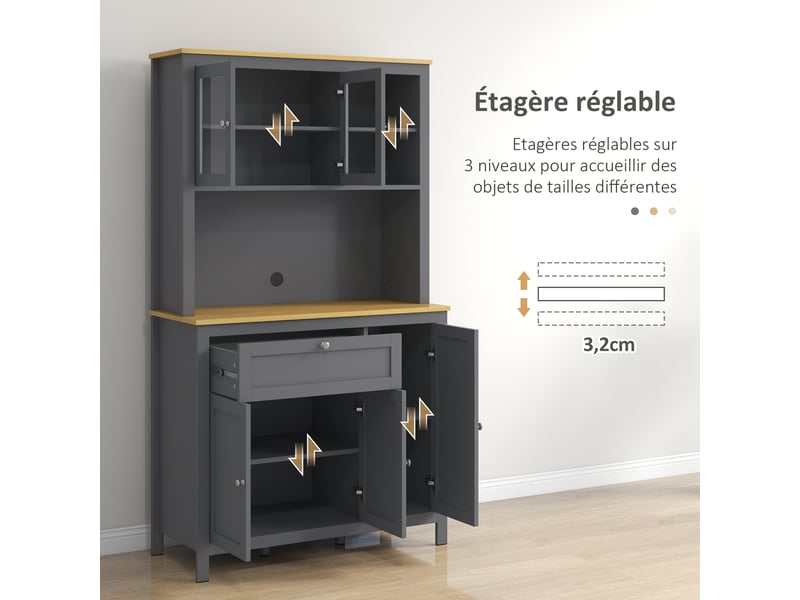  Armoire de cuisine buffet cuisine 5 portes dont 2 vitrées portes et 1 tiroir, 1 niche centrale - hauteur 180 cm gris  - Conforama E