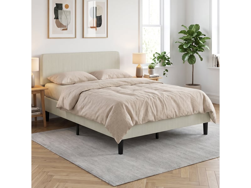 Lit double design velours côtelé - tête de lit, pied de lit et sommier - compatible matelas 190x140cm - gris clair - Conforama D