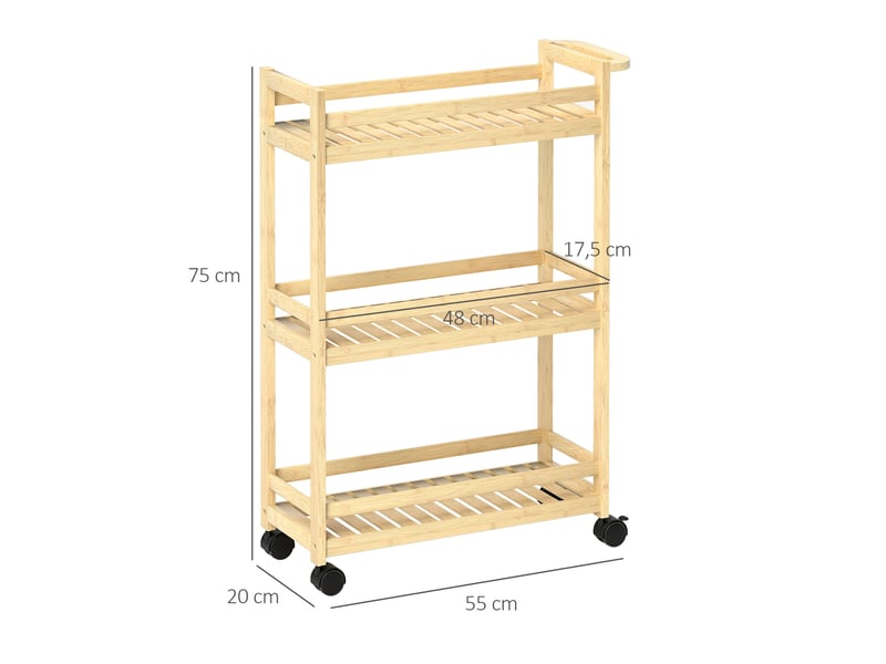  Desserte de cuisine 55 x 20 x 75 cm naturel en bambou, 3 niveaux à roulettes avec 2 freins de blocage  - Conforama C
