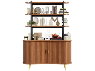 Buffet de cuisine avec portes coulissantes et 4 étagères ouvertes, pieds métal dorés, en mdf, bois, 120 × 40 × 183 cm