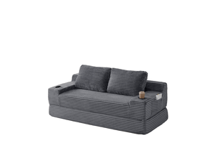 Canapé droit convertible <strong>DESMIU</strong> <strong></strong> 2 places Velours côtelé gris avec coffre de rangement