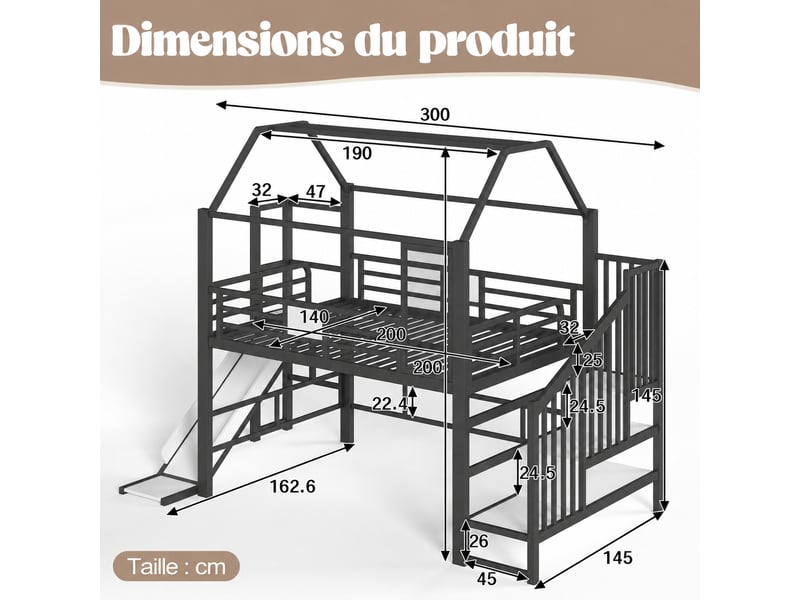  Lit mezzanine enfant avec toboggan et éclairage led bluetooth, structure métal noir, couchage 140 x 200 cm  - Conforama C