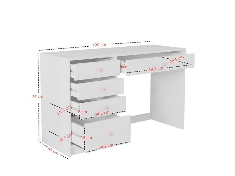 Bureau droit avec 5 tiroirs et bibliothèque à 4 étagères avec tableau pour chambre d'enfant en mdf blanc - Conforama E