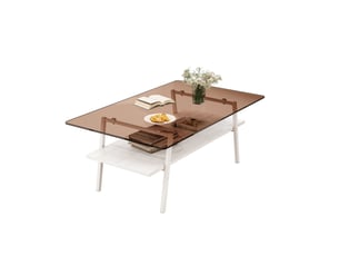 Table basse rectangulaire en verre trempé avec étagère mdf - pieds métal blancs verre brun 98 × 58 × 42,5 cm