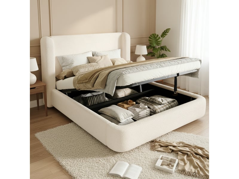  Lit coffre 180x200 cm, lit double, sommier à lattes, rangement hydraulique, tête de lit rembourrée, tissu bouclé beige  - Conforama A