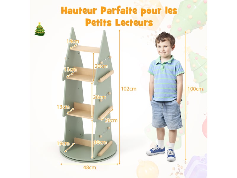 Bibliothèque rotative en forme d'arbre, bibliothèque enfant avec coins arrondis, surface lisse, base antidérapante, etagère enfant à 4 niveaux  - Conforama C