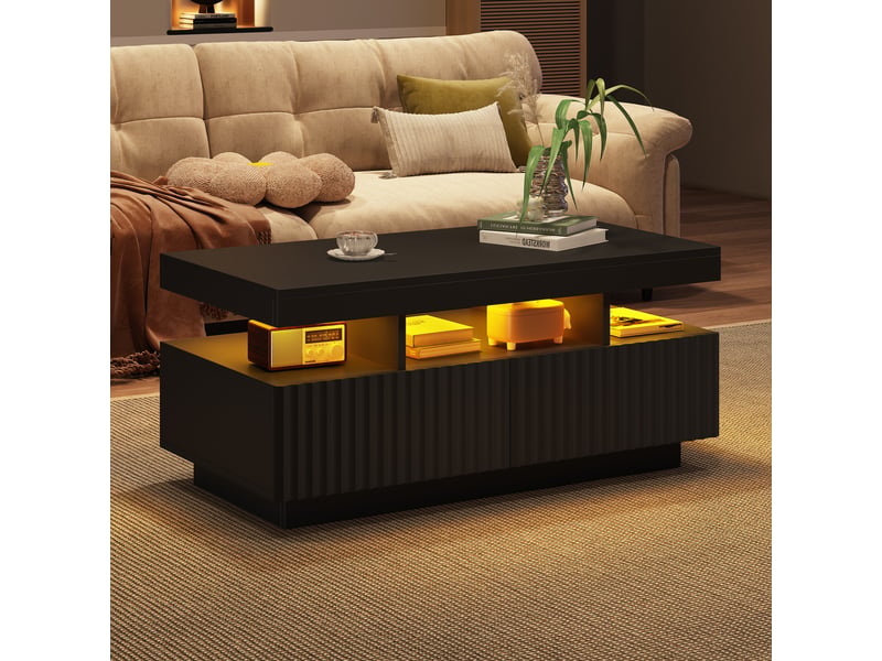 Table basse noire 100x50x45 cm, table de salon avec led contrôlable par application, 2 tiroirs à rayures verticales - Conforama R