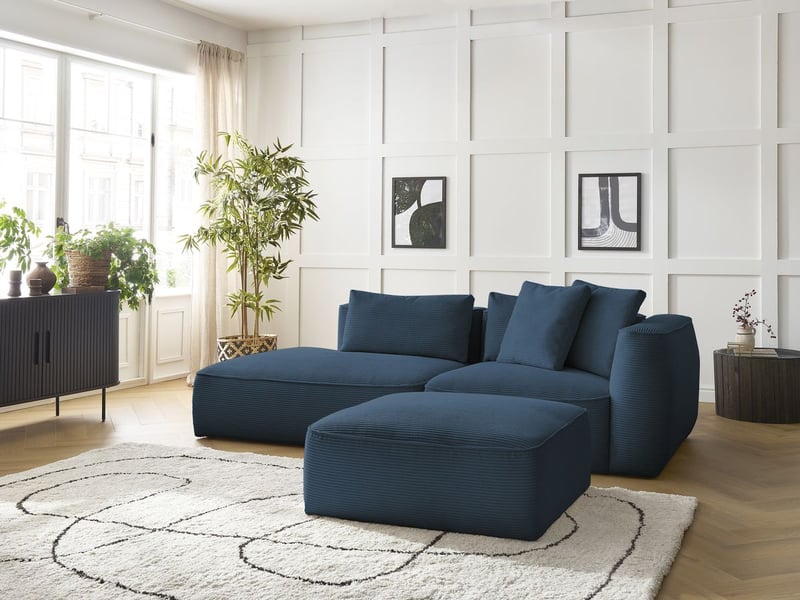 Bobochic canapé droit fixe 3 places leopold velours côtelé avec pouf bleu foncé accoudoir droit LEOPOLD - Conforama D