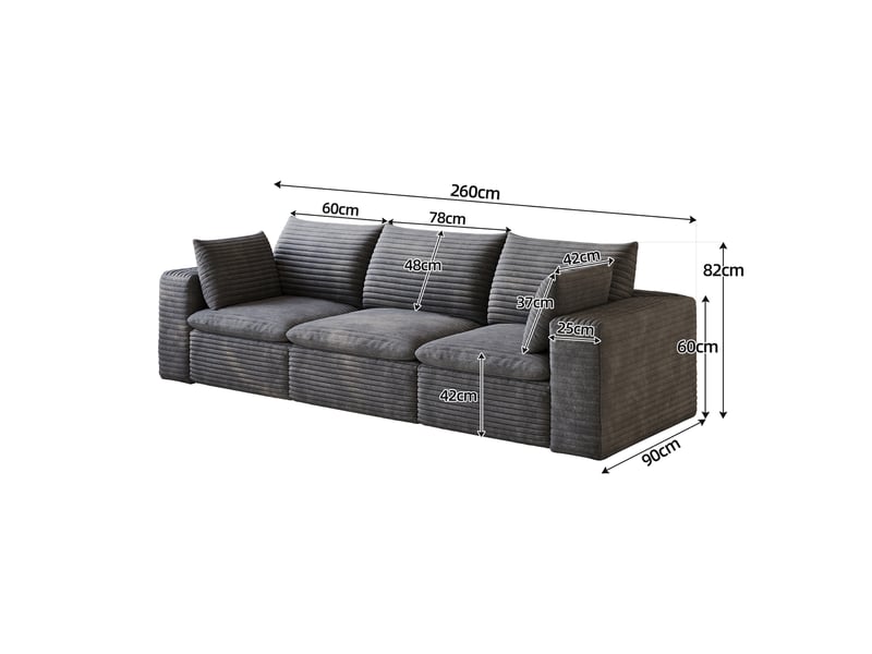  Canapé nuage 260 cm velours côtelé gris foncé - canapé salon double couche sans montage  - Conforama C