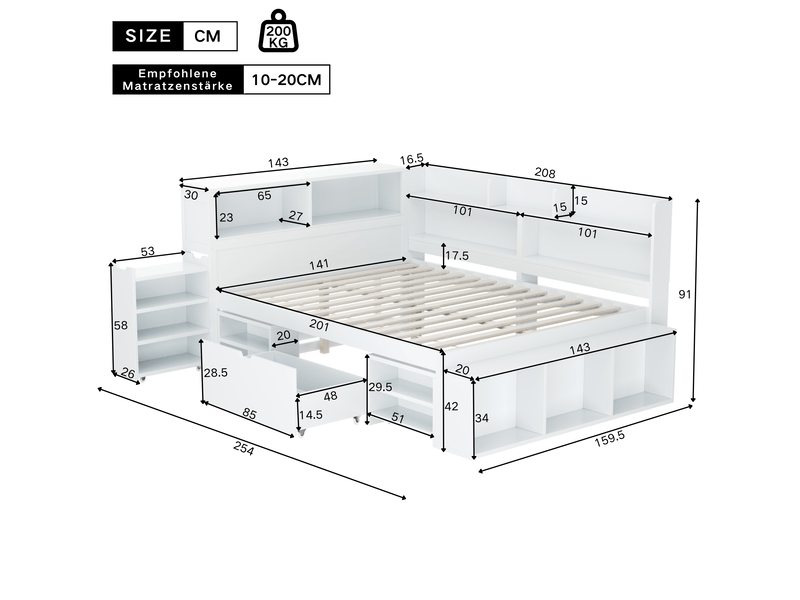 Lit enfant 140x200 cm avec tiroir, bibliothèques et rangements, blanc - Conforama E