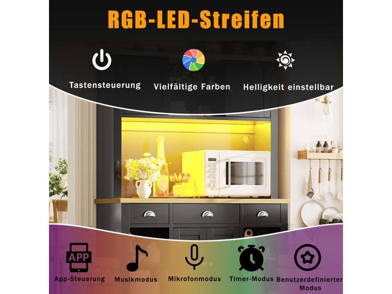 Buffet de cuisine haut 120x40x188 cm avec led rgb, plan de travail effet bois, 4 paniers amovibles, étagères réglables et fermeture douce, noir N620GG260801ER - Conforama E