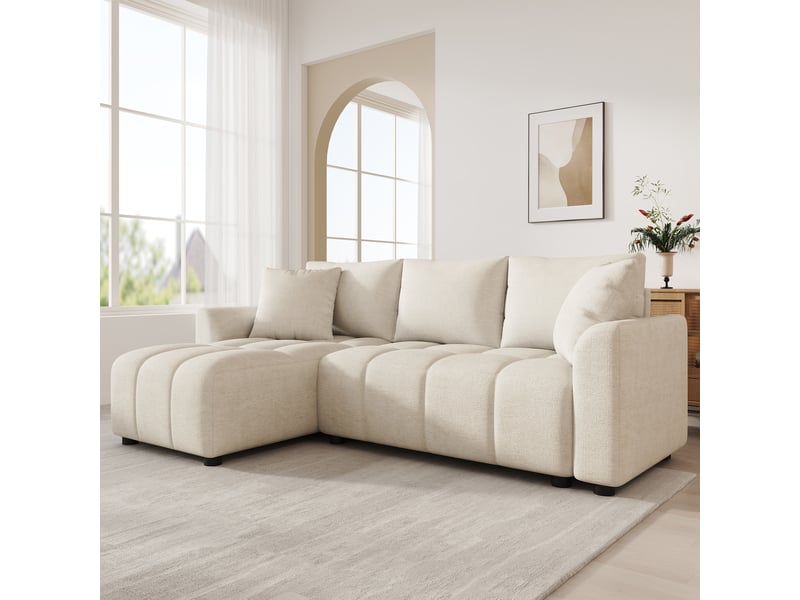  Canapé d’angle modulable 204 cm en l canapé 3 places avec 2 coussins décoratifs, revêtement en tissu chenille, pour salon et appartement, beige OPULERANE TRADING LTD - Conforama D