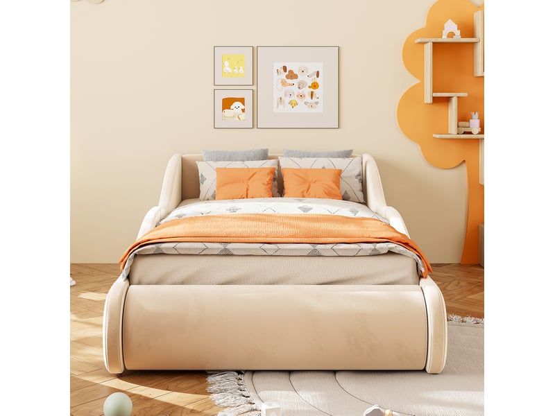  Lit enfant 90 × 200 cm 1 place avec barrières et tête de lit rembourrée, sans matelas, en velours beige  - Conforama C