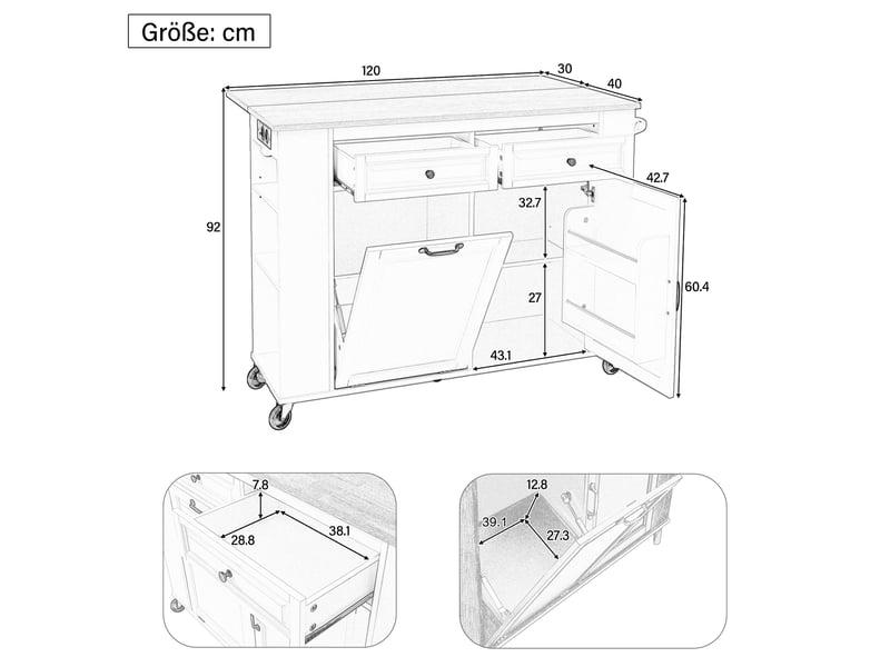 Îlot de cuisine mobile avec plateau rabattable, rangements et prises, en mdf et pb blanc et naturel, 120×40–70×92 cm - Conforama D
