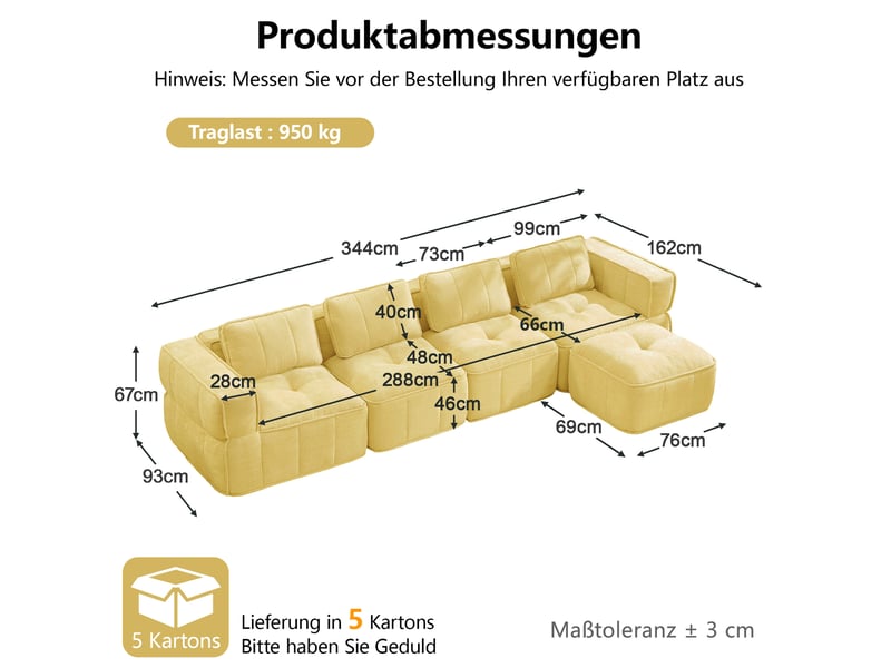  Canapé d'angle modulable 4 places avec pouf en polyester jaune  - Conforama C