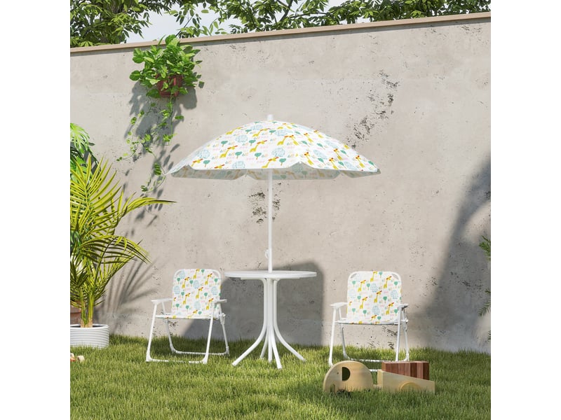  Ensemble table et chaises de jardin pour enfants, 4 pièces, chaises pliantes, parasol réglable, motif éléphant, blanc  - Conforama C
