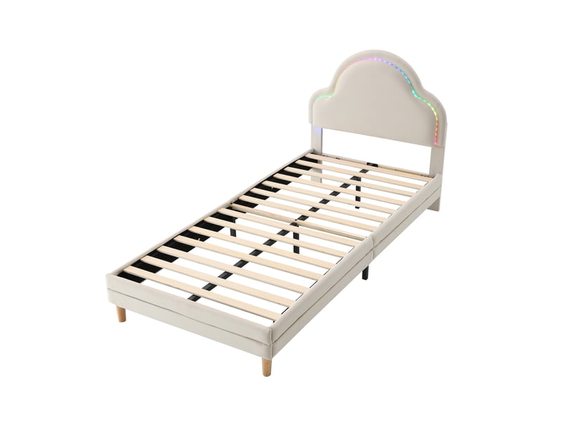  Lit enfant 90 × 200 cm 1 place avec led multicolore et tête de lit nuage, sans matelas, en velours beige  - Conforama A
