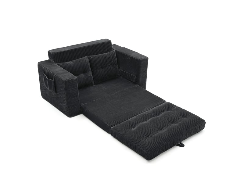  Canapé 2 places convertible noir en velours côtelé avec accoudoirs larges et poches latérales  - Conforama E