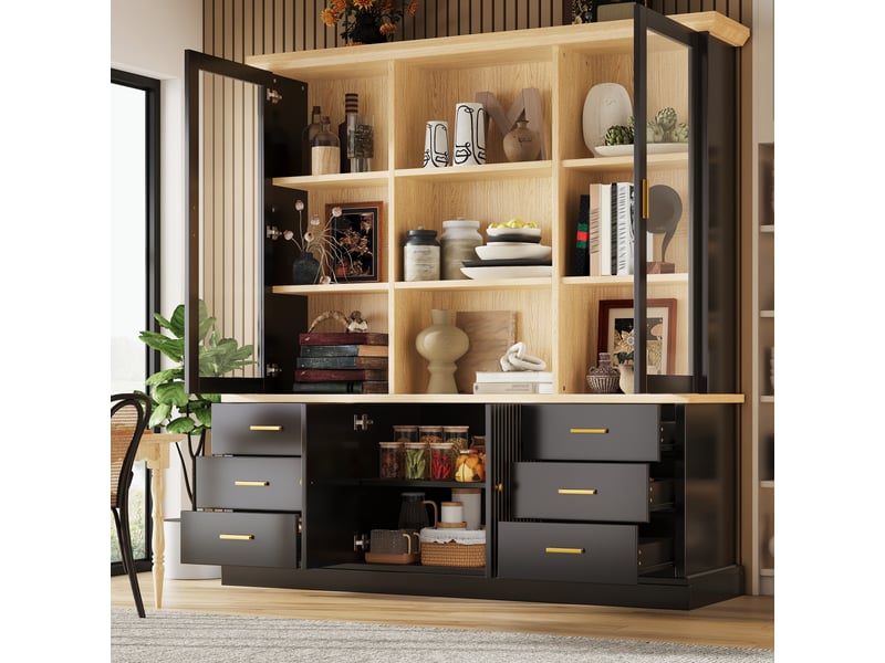  Buffet haut 140x40x185cm avec 6 grands tiroirs, portes vitrées et dispositif anti-basculement, meuble de rangement pour cuisine et salle à manger, noir evarich - Conforama E