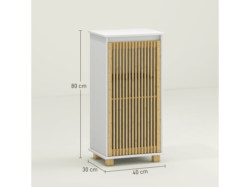  Meuble salle de bain avec panier à linge, blanc et effet bois naturel, porte à lattes en bambou et sac amovible  - Conforama C