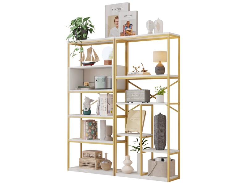  Bibliothèque 160 x 29,5 x 180 cm doré et blanc en mdf et métal, rangement ouvert moderne pour livres et déco  - Conforama A