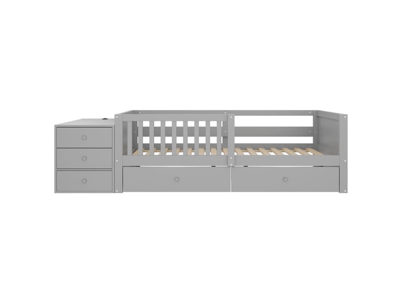  Lit enfant surélevé 90x200 cm gris bois avec bureau rangement indépendant prise électrique éclairage led deux tiroirs étagères et barrière de sécurité Sol Morn - Conforama A
