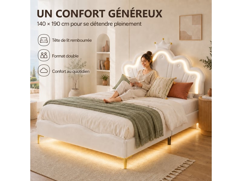 Lit princesse 140x190 cm, lit enfant rembourré avec led et sommier, lit fille avec avec tête de lit en forme de couronne, lit 2 places avec tête de lit réglable, pu, blanc - Conforama R