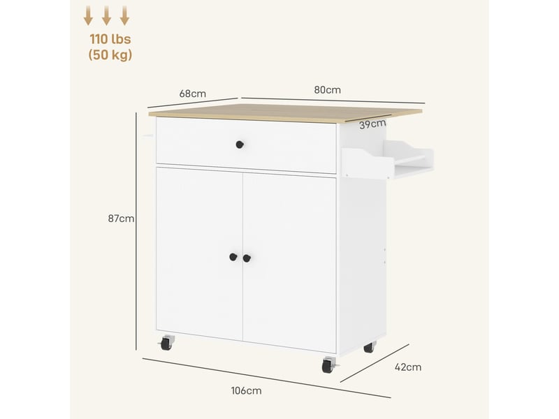  Desserte de cuisine 106 x 42 x 87 cm blanche en mdf, plan de travail rabattable et roulettes freinées  - Conforama C