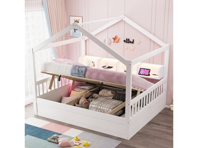  Lit enfant 140 × 200 cm – avec barrière de sécurité – avec espaces de rangement – ​​avec bande led et prise électrique – blanc (matelas non inclus)  - Conforama D