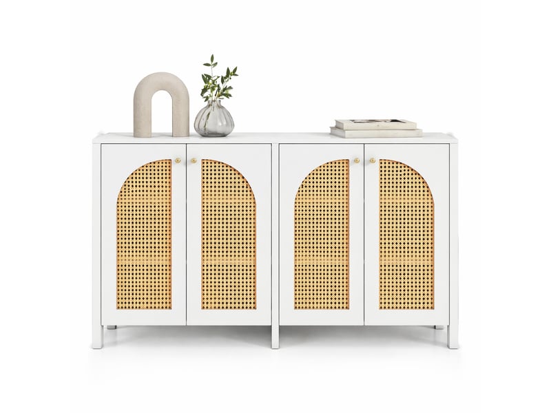  Buffet bas 4 portes blanc avec façades en pe façon rotin et poignées en métal, 145 x 40 x 80 cm  - Conforama B