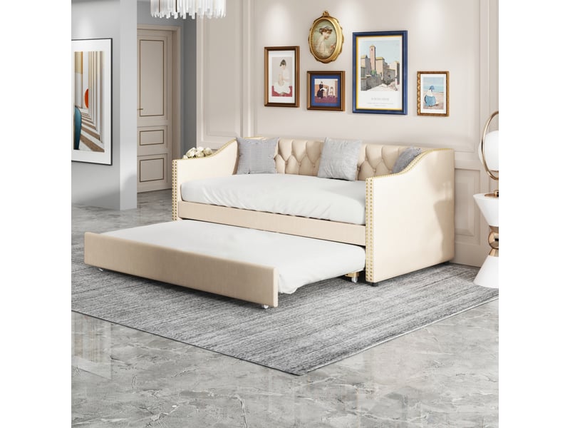  Lit de repos extensible 90 x 200 cm, canapé-lit avec lit gigogne, lit pour enfant (chambre ou salon), revêtement en tissu, sans matelas  - Conforama D