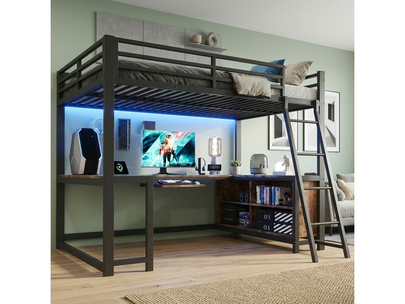  Lit mezzanine gaming 120x200 cm - bureau en u - led et prise eu - tablette clavier - rangements - métal et mdf - noir et bois vintage CozyNest - Conforama D