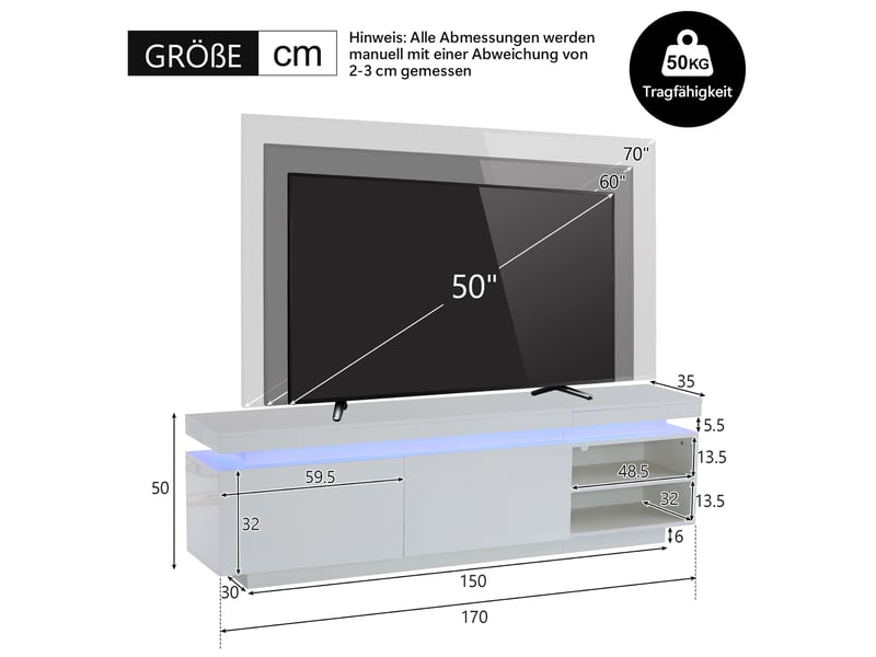  Meuble tv led avec 2 portes et 2 niches, passe-câbles, finition blanc brillant moderne pour salon, 170 × 35 × 50 cm  - Conforama E
