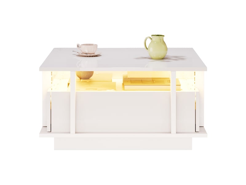  Table basse carrée 70 x 70 x 35 cm led, 2 tiroirs, panneau de particules blanc  - Conforama A
