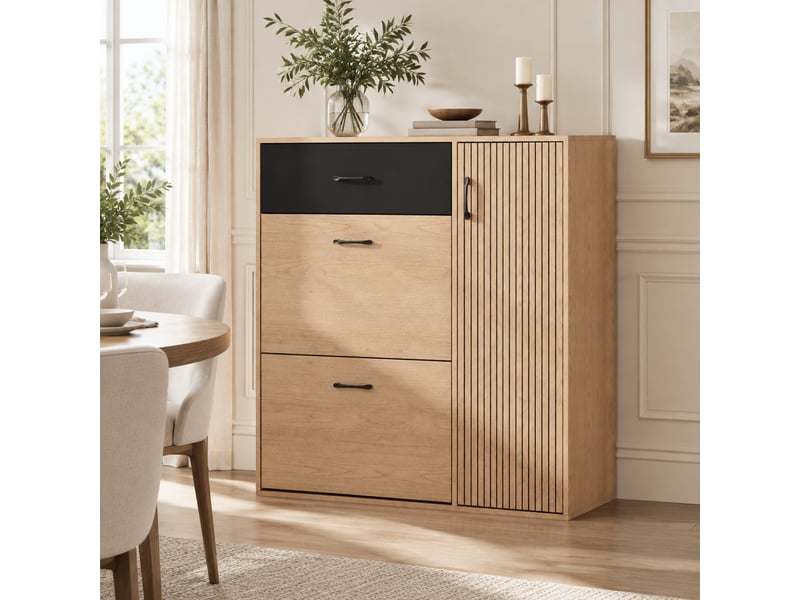  Meuble à chaussures 100×35×106 cm en mdf et panneaux de particules avec tiroir et portes abattantes bois naturel et noir chicfurn  - Conforama C