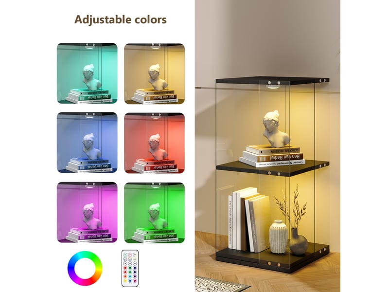  Vitrine verre rotative 360° - 38x38x82cm - bibliothèque pivotante 2 niveaux avec éclairage led multicolore tactile - noir  - Conforama E