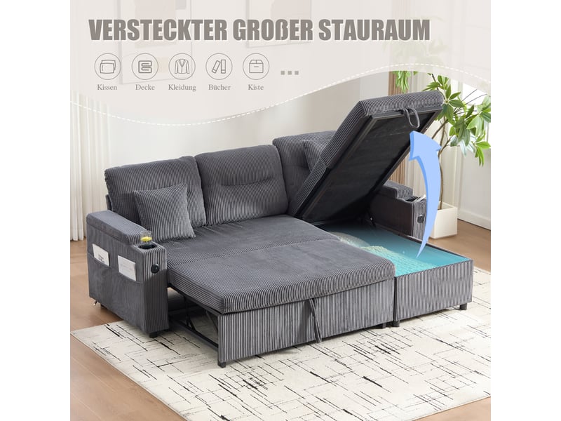  Canapé 3 places, canapé de salon – en velours tricoté, avec méridienne, avec rangement, porte-gobelets, port usb  - Conforama C
