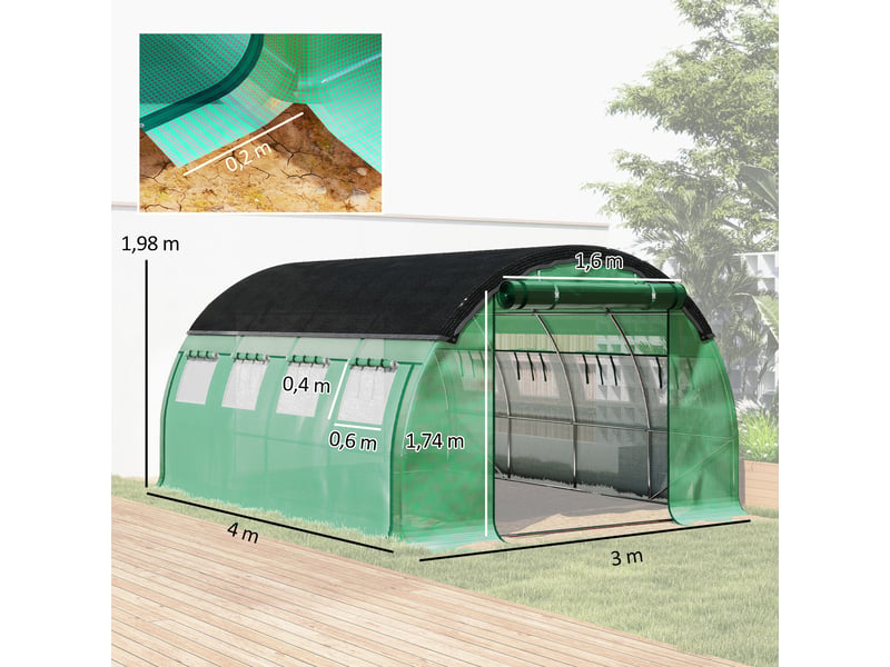  Serre tunnel de 4 x 3 x 2 m avec filet de protection solaire, parois latérales enroulables, bâche en plastique, structure en acier, verte  - Conforama E