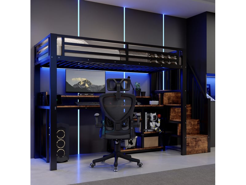  Lit mezzanine 90 x 200 cm en métal et mdf, rangements, led, usb-c, noir  - Conforama E