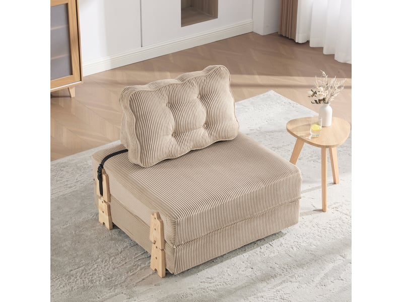  Canapé droit 1 place convertible en velours côtelé beige khaki, style scandinave, avec pieds en bois  - Conforama B