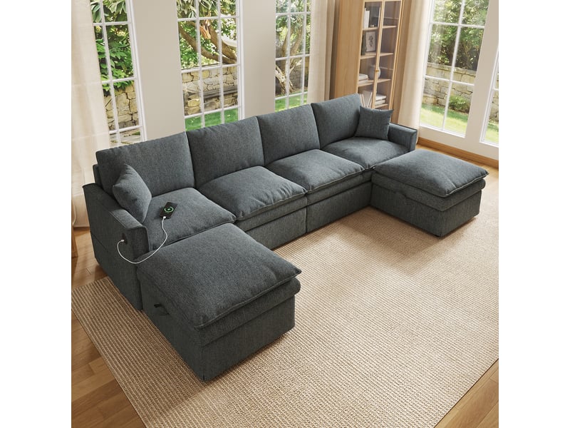  Canapé d'angle modulable 6 places, tissu coton et lin gris, avec 2 poufs de rangement &amp; ports de charge usb, pour salon, 277x135x80 cm  - Conforama E