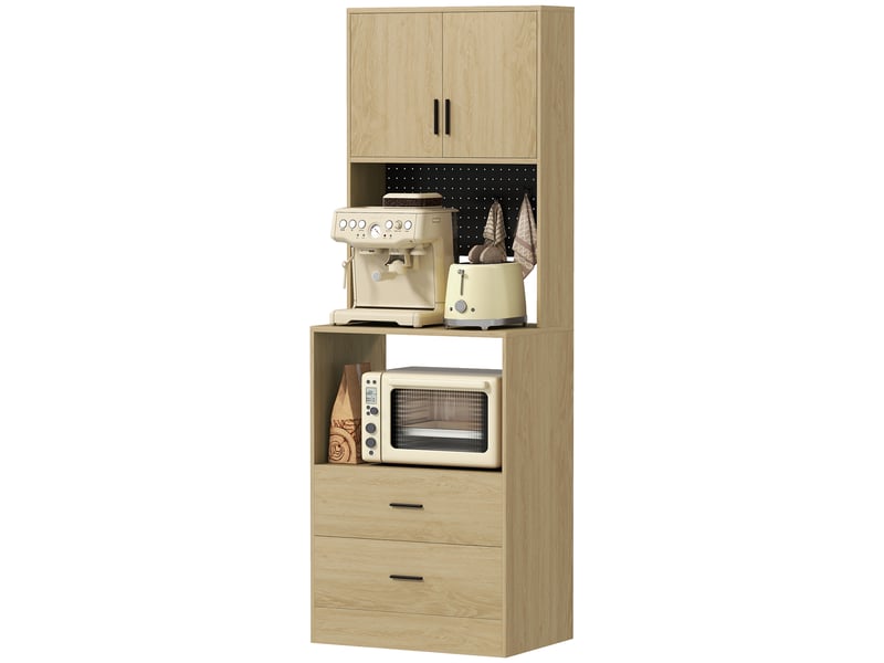 Meuble micro-ondes 2 tiroirs 2 portes 2 niches panneau perforé étagère naturel noir  - Conforama E