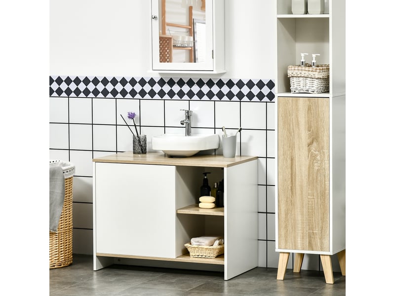  Meuble sous lavabo 77 x 45 x 60 cm, blanc et effet bois, découpe en u et rangements  - Conforama D