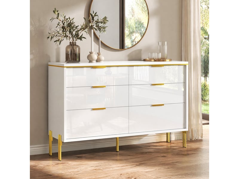  Buffet de rangement à 6 tiroirs façades brillantes - lpospi - pieds dorés, panneau de particules blanc 120 × 40 × 85,5 cm  - Conforama C