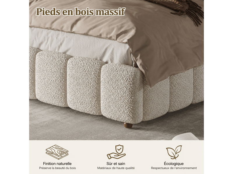  Lit double capitonné 180 x 200 cm - tête de lit et sommier à lattes capitonnés - pieds en bois massif - tissu bouclé blanc (sans matelas)  - Conforama R