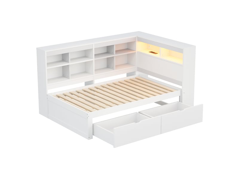 Lit banquette enfant 90 x 200 cm avec led, usb, tiroirs et rangements, bois, blanc Fay Lum - Conforama A