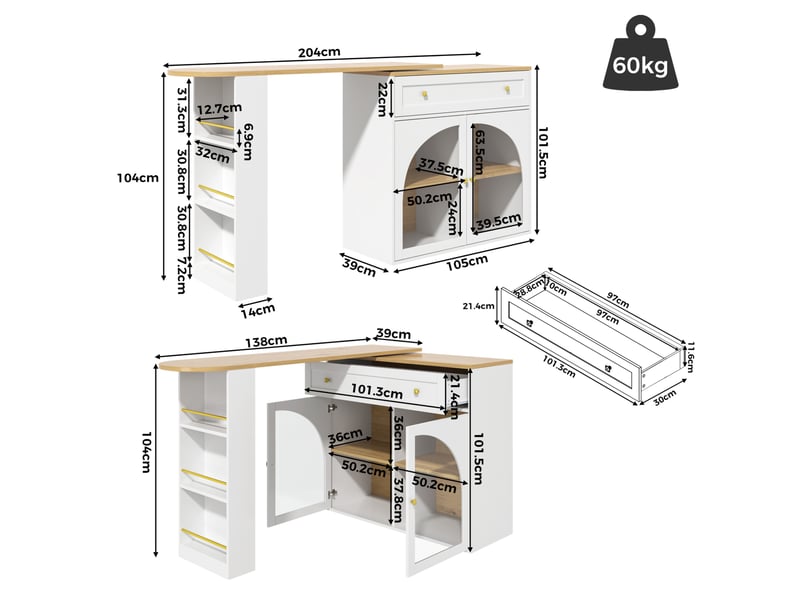  Table bar extensible 138-204x39x104 cm pivotante mdf blanc  - Conforama E