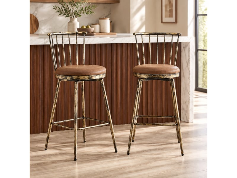 Tabouret de bar 39x39x96 cm, tabouret haut, style windsor et dossier à barreaux, structure en métal, couleur marron  - Conforama B