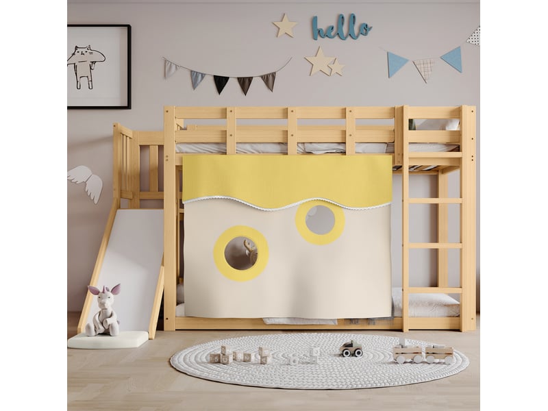  Lit superposé enfant 90x200 cm avec escalier, toboggan et rideaux, en bois et mdf, naturel sans matelas  - Conforama B